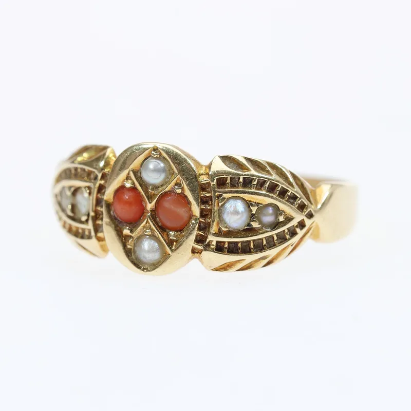 Victorian 15CT Gold Ring, Set Salmon Pink Coral Cabochons and Seed Pearls, 2.48 Grams