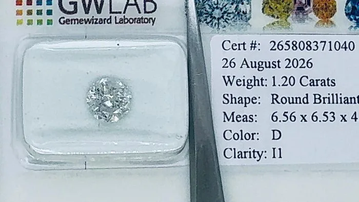 1 pcs Diamond (Natural) - 1.20 ct - Round - D (colourless) - I1 - Gemewizard Gemological Laboratory (GWLab)