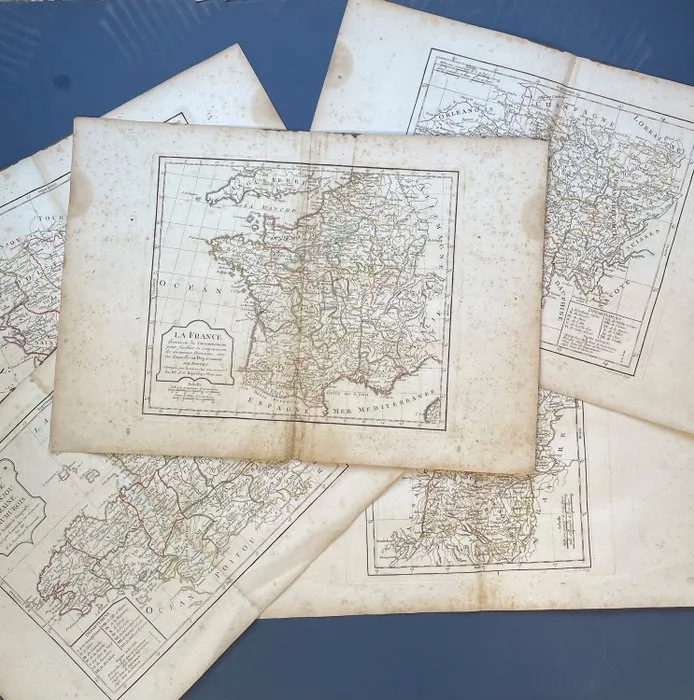 France - Batch of 5: France after the French Revolution and Separate Provinces; Robert de Vaugondy/ Charles Francois Delamarche - La France - Normandie, Bretagne/ Berri, Nivernois, Bourbonois,/ Poitou, Aunis/ Haut et Bas - 1781-1800