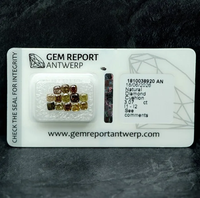 13 pcs Diamond (Natural coloured) - 3.07 ct - Cushion - Fancy deep Yellowish Brown - I1, I2 - Gem Report Antwerp (GRA)