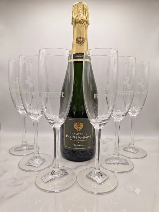 Ferrari Prancing Horse | UNIQUE Set of 6 Engraved Champagne Flutes | Custom Artisan Glassware | - Ferrari