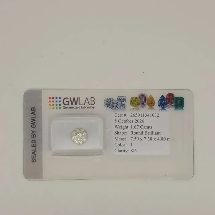 1 pcs Diamond (Natural) - 1.67 ct - Round - J - SI3 - Gemewizard Gemological Laboratory (GWLab)