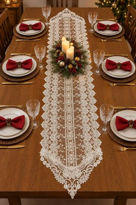 Centrepiece - Raised-relief embroidery table runner with floral motifs. - Cotton