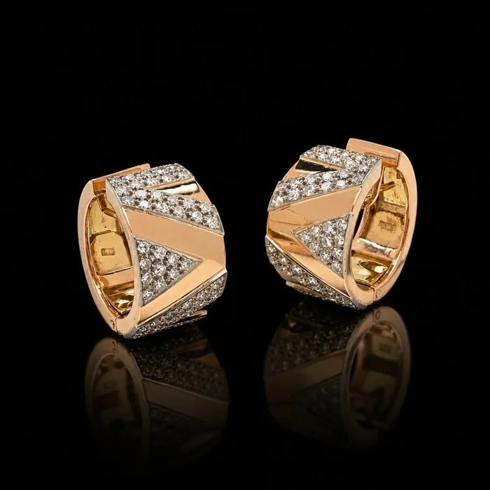 Earrings - 18 kt. Rose gold - Earrings, Vintage Diamond Hoop, 18KT Rose Gold, 1970s
