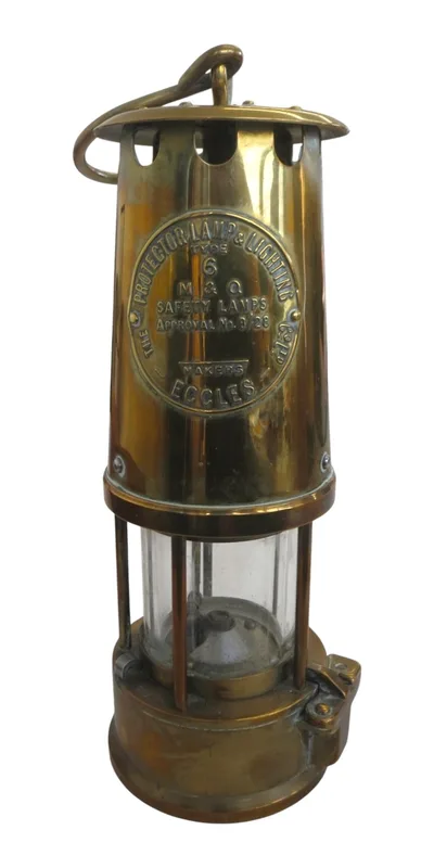 A brass Eccles Miners Protector Lamp & Lighting, type 6, M & O safety lamp