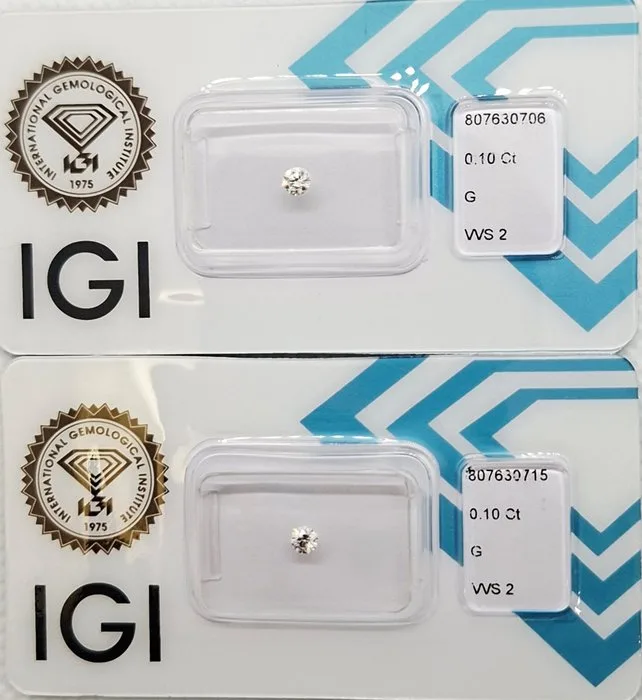 2 pcs Diamond (Natural) - 0.20 ct - Round - G - VVS2 - International Gemological Institute (IGI)
