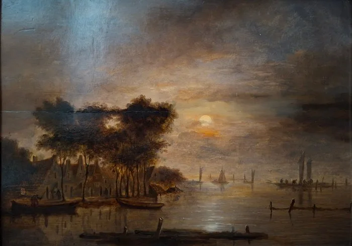 Johannes Verhoogh (1798-1861) - Dutch river landscape by moonlight