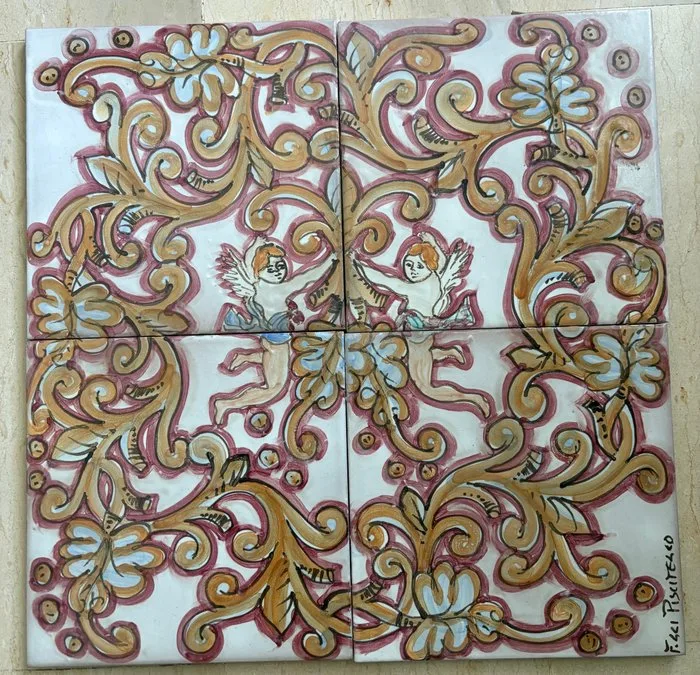 Tile - Fratelli Piscitello - 1960-1970 - Hand-painted panel of four tiles in Sicilian artistic ceramic
