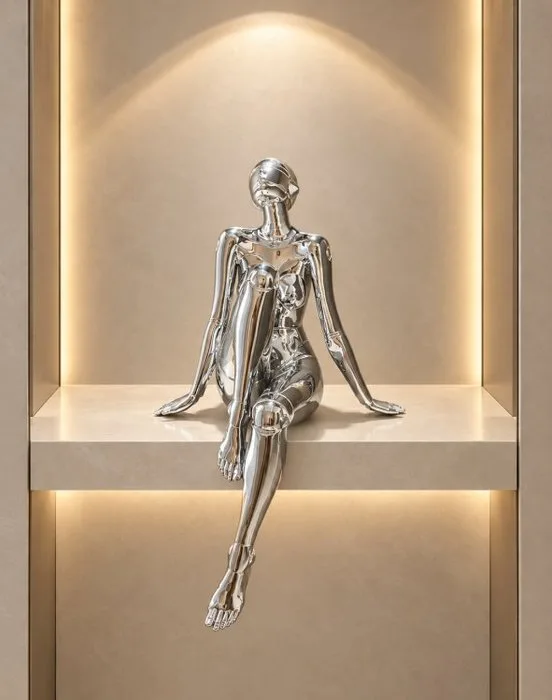 Sculpture, Seated Figure Sculpture - 42 cm - Chrome plated, Resin