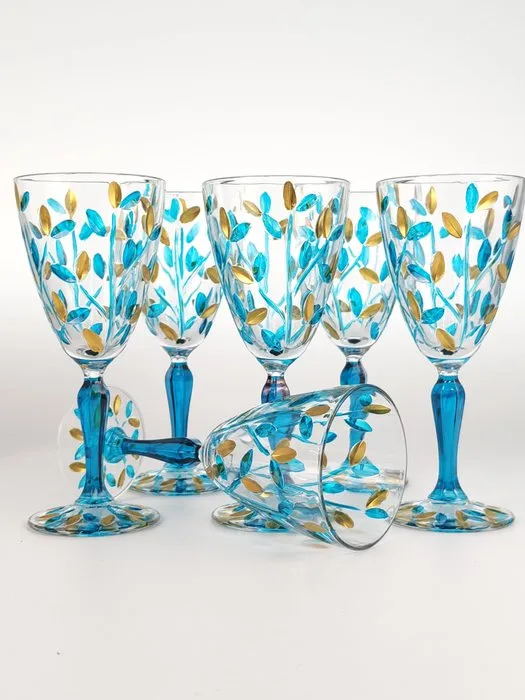 Secoloventesimo - Chalice (6) - Leaves turquoise golden chalice - Enamel, Crystal - NO-lead Crystal