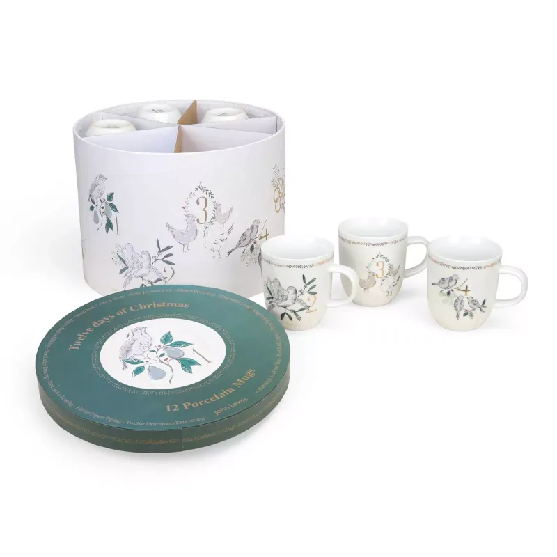 Two Boxed John Lewis 'Twelve Days Of Christmas' Porcelain Sets comprising a set of twelve plates and a set of twelve mugs