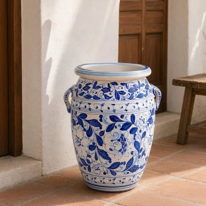 Vase - Parade Urn with Monochrome Decoration 'Ricco Deruta / Baroque Flowers and Acanthus' in cobalt blue, - Hand-Painted Maiolica
