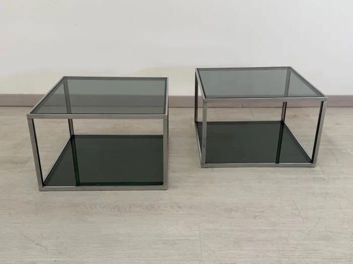 Centre table - Glass, Metal - Pair of vintage low living-room coffee tables dating from the 1970s