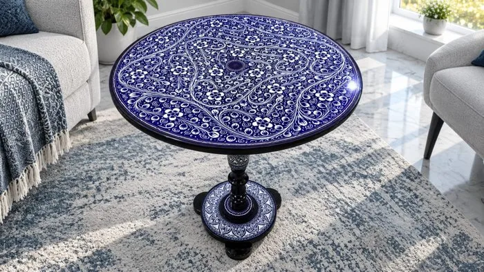 Exquisite Hand-Painted Naksheen Table – A Masterpiece of Pakistani Decorative Art - Coffee table - Handcrafted Pakistani Naksheen Pedestal Table – Royal Blue & White Floral Artwork – Traditional - Wood