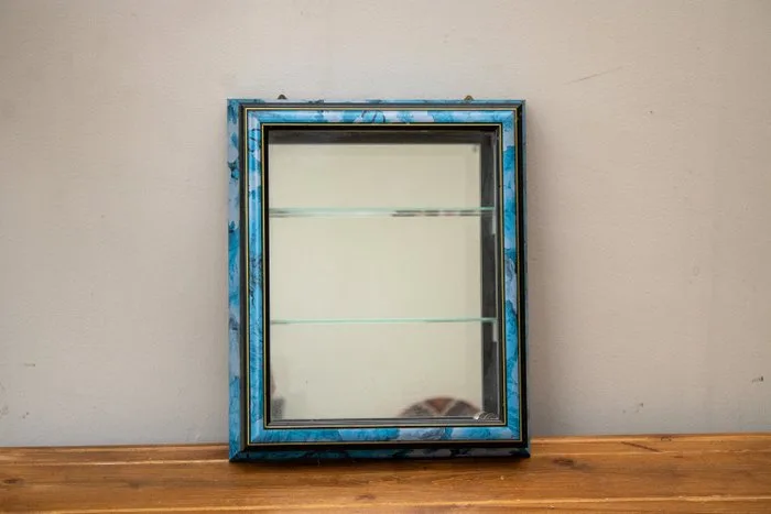 Display case - Internal wall cabinet with frosted glass and mirror - Wood, Glass - two blue floral shelves