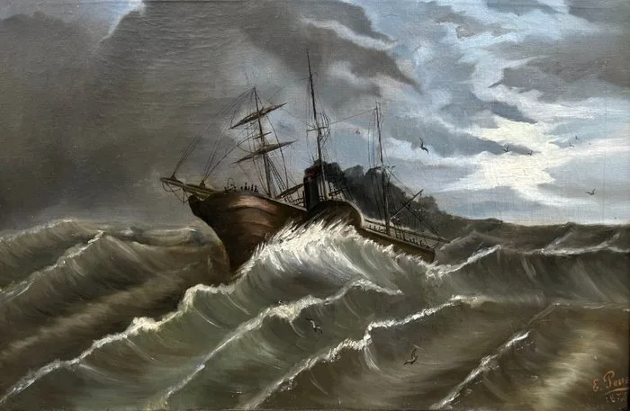 Emilio Perez Ostos (1828-1913) - Driemaster op wilde zee voor de Spaanse kust