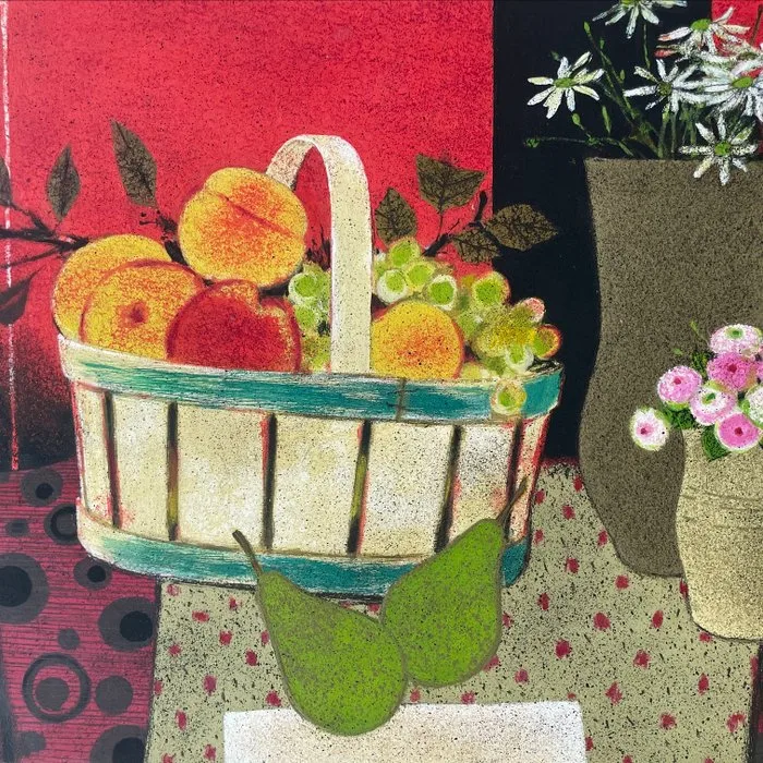 Yves Ganne (1931-2019) - Nature morte au panier de pêches et bouquets de fleurs (vendu