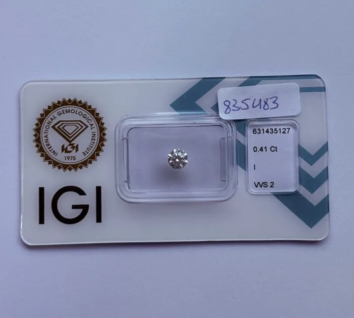 1 pcs Diamond (Natural) - 0.41 ct - Round - I - VVS2 - International Gemological Institute (IGI) - Ex Ex Ex None