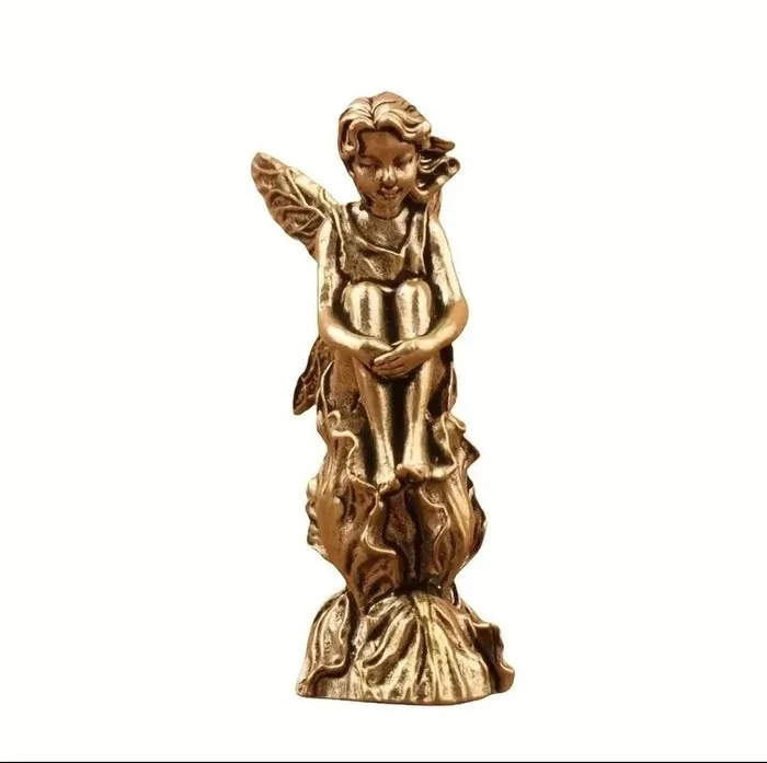 Elegant Bronze-Effect Fairy Figurine – Winged Female Fantasy Sculpture with Ornate Floral Base - Figurine - Fairy sitting on a flower - Brass