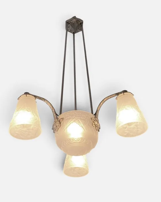 original Muller Freres - Chandelier - Nickel-plated bronze / brass - Art Nouveau in top condition