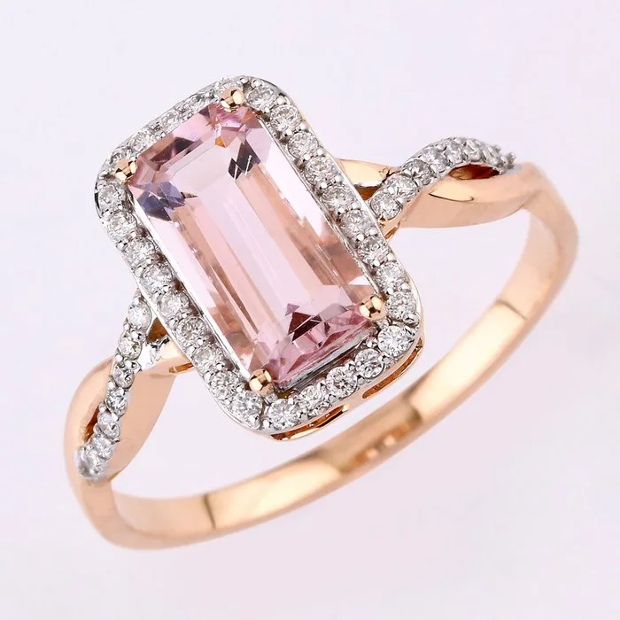 Ring - 14 kt. Rose gold - 1.31ct. tw. Morganite - Diamond - Certified Gold Jewelry