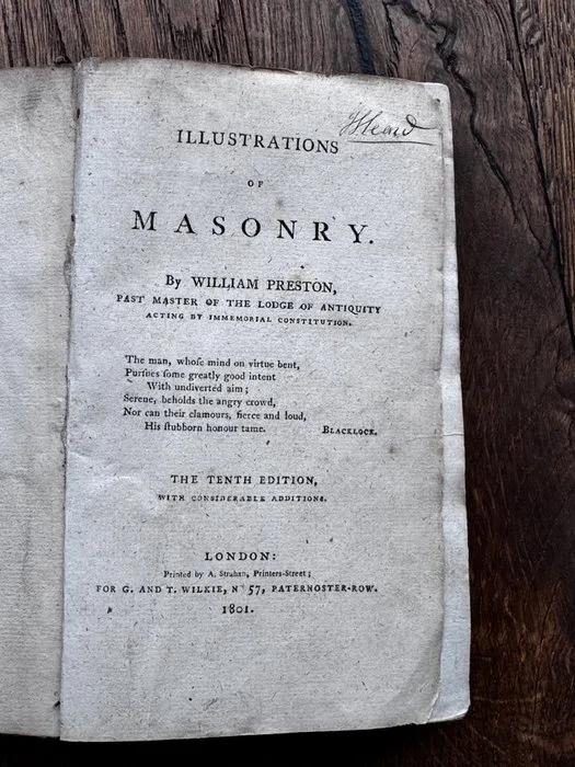 Only One Available Worldwide for Sale - 1801 Illustrations of Masonry by William Preston- Autographed by Sir. Isaak Heard - 1801