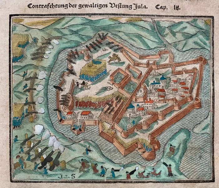 Hungary - Gyula, Sziget; Sebastian Münster - Contrafehtung der gewaltigen Vestung Jula/ Der Statt und Schloss Zigeth gelegenheit/ sampt des - 1581-1600