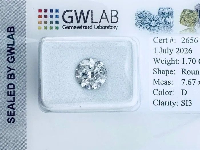 1 pcs Diamond (Natural) - 1.70 ct - Round - D (colourless) - SI3 - Gemewizard Gemological Laboratory (GWLab) - NATURAL EX/EX/EX