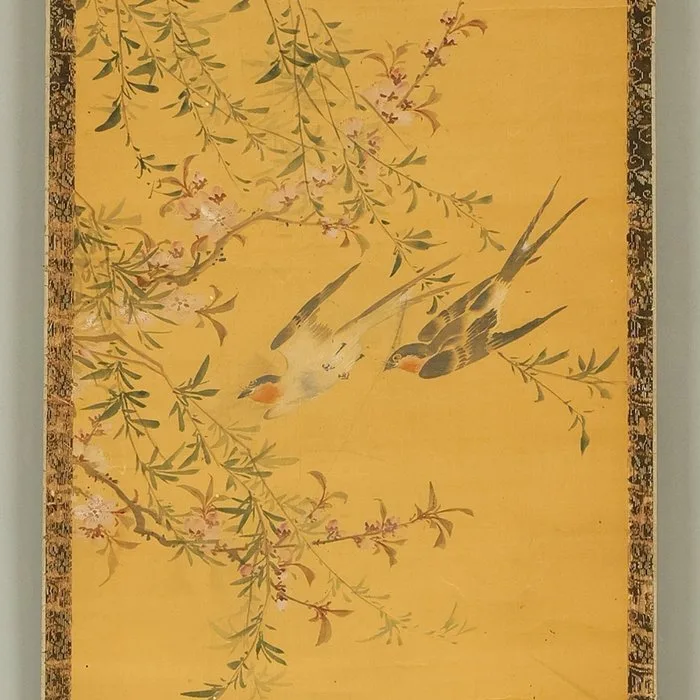 Two Swallows Peach Blossoms Willow Tree - Katsuno Hanko 勝野范古 (active 1751 - 1772) Nagasaki painter - Japan - Mid Edo period