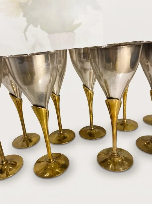 Champagne glass (10) - Brass, silvered metal - Champagne flute