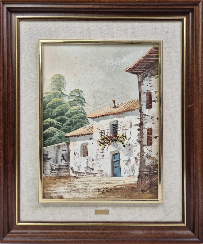 Mid-century framed Spanish village scene. Plaque displays 'E