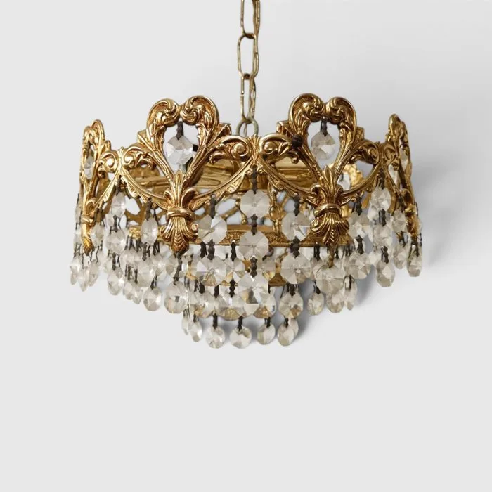 Lamp - Vintage ceiling lamp in pierced brass and cut crystal — Neoclassical / Empire style - Brass, Crystal - Chandelier