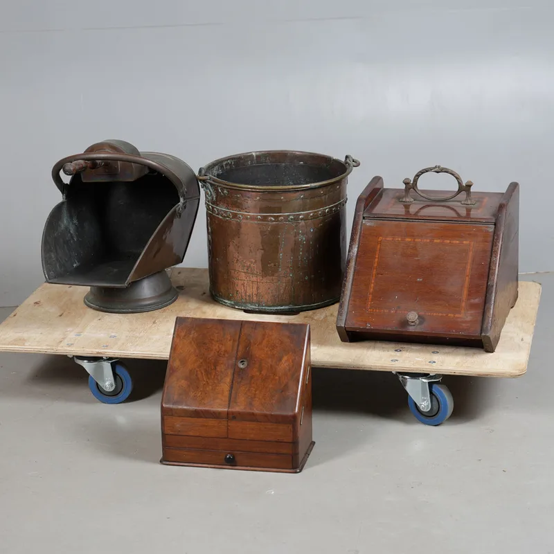 A Copper Rivited Bucket, Two Coal Scuttles & a Staionary Box (4)