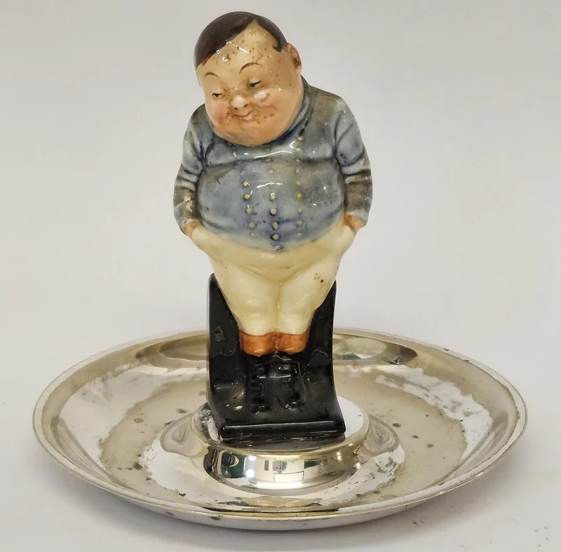 Circular Dishes Silver Plated Stand with Royal Doulton Figurine 'The Fat Boy' from The Pickwick Papers designed by Lesley Hariden