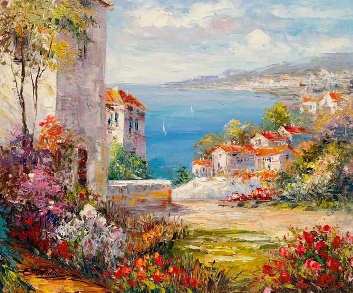 Christof Vevers (1962) - French Riviera - Jardin fleuri sur la Méditerranée – Toits Rouges