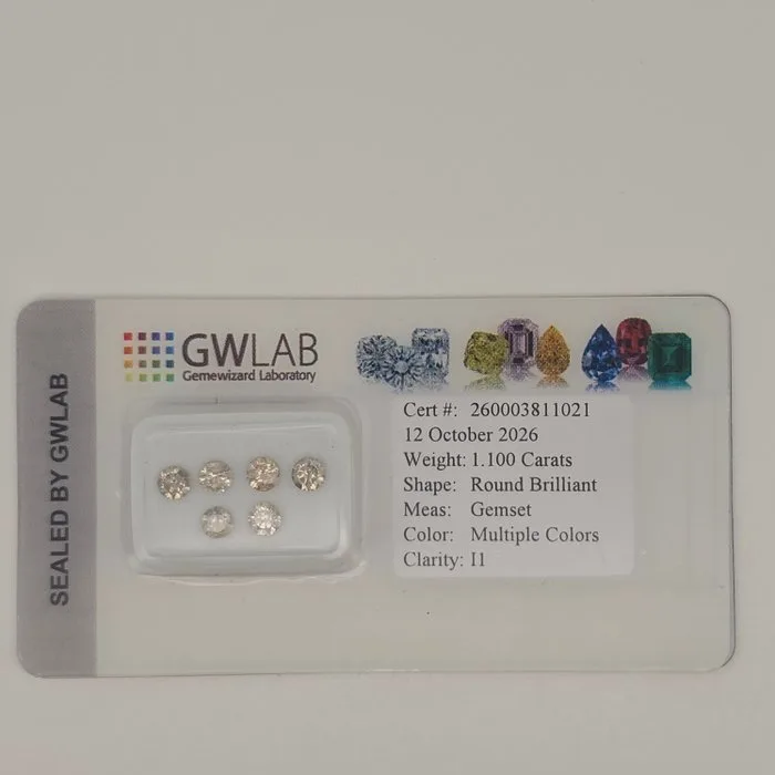 6 pcs Diamond (Natural coloured) - 1.10 ct - Round Brown, Grey - I1 - Gemewizard Gemological Laboratory (GWLab)