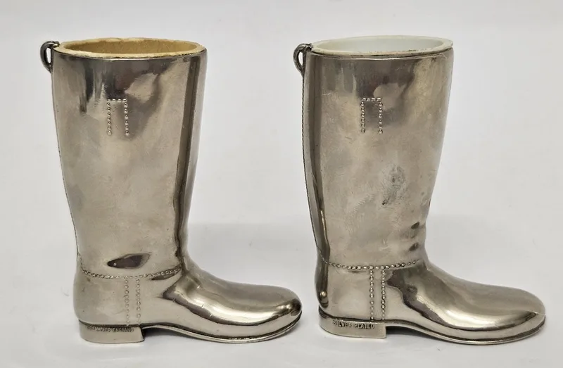 2 Vintage Silver Plated Grenadier Boot Spirit Measures approx. 9cm H