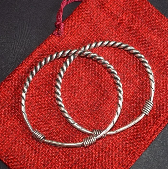 Pair of 2 twisted MIAO - HMONG bracelets, 50 g ethnic silver - Laos - Hmong Miao