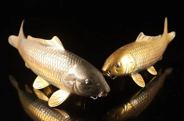 Bronze - Very fine okimono: pair of swimming carps - including inscribed tomobako - mid 20th century