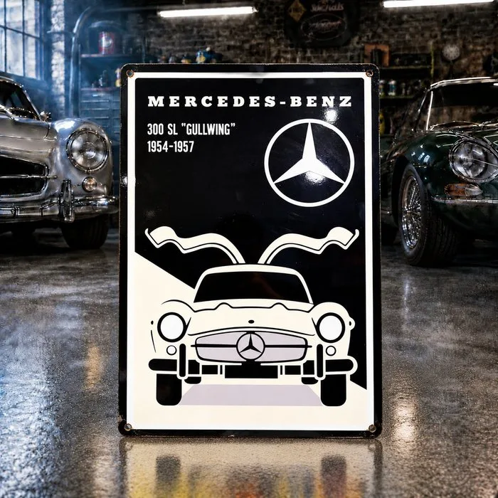 Sign - Mercedes-Benz - 300 SL Gullwing Vintage Sign – XXL 60x40 cm – High Temperature Baked – Made of Thick Steel Sheet
