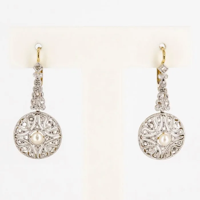 Earrings - 18 kt. Yellow gold, White gold - 0.57ct. tw. Diamond (Natural) - Pearl