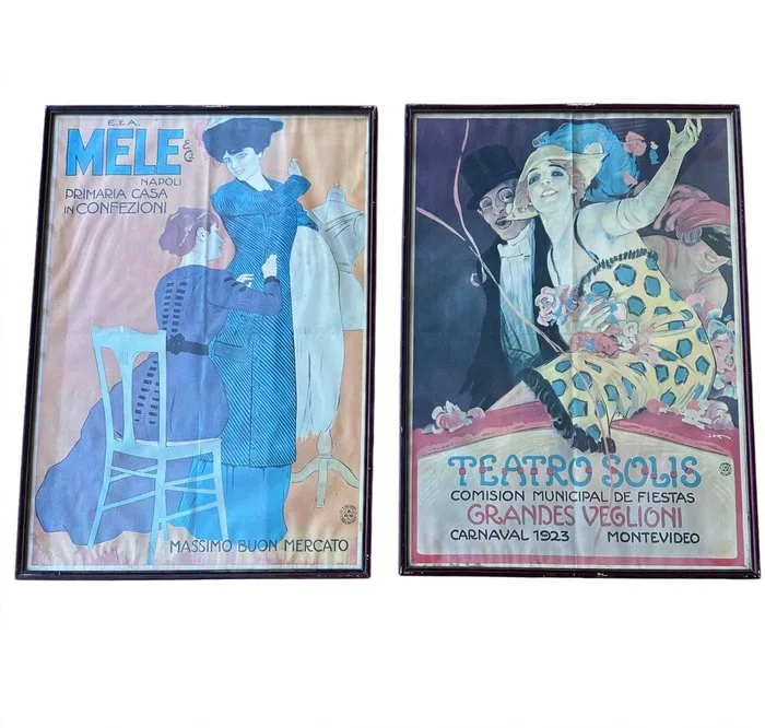 Marcello Dudovich-Leopoldo Metlicovitz - Officine Grafiche Ricordi - coppia di manifesti pubblicitari storici Mele-Teatro Solis - 1970s