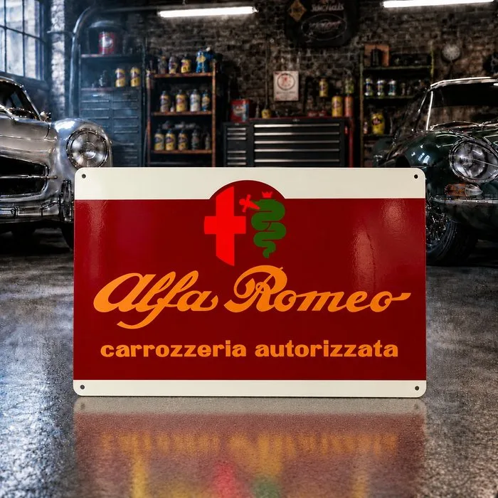 Sign - Alfa Romeo - Carrozzeria Autorizzata Vintage Sign – XXL 60x40 cm – High Temperature Baked – Made of Thick Steel Sheet