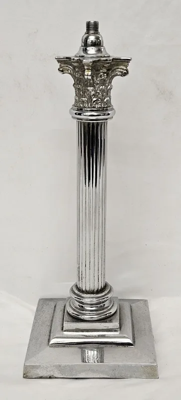 Early C20th Chrome Corinthian Columned Lamp Base, square stepped base, requires rewiring approx.