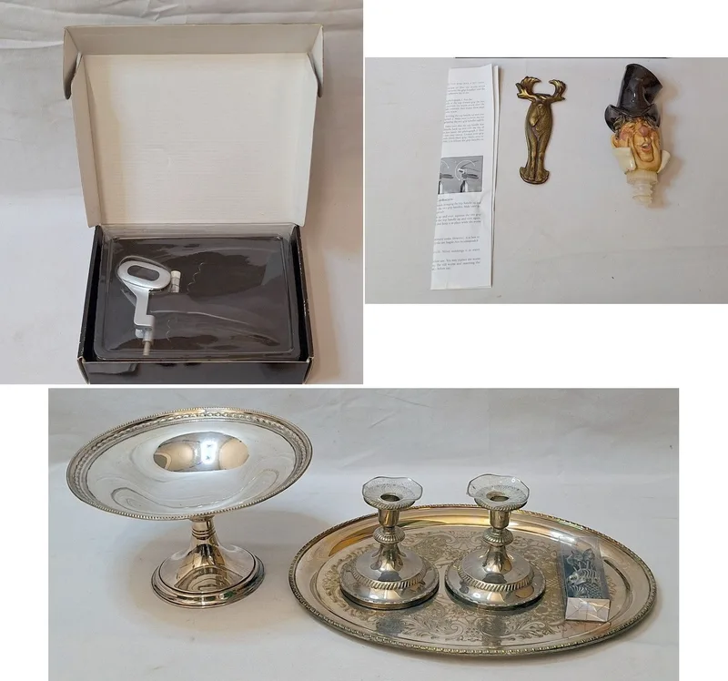 Silver Plated Oval Tray, silver plated tazza, pair candlesticks, pewter cocktail stick in the form of a lion, As New Boxed Lever Corkscrew