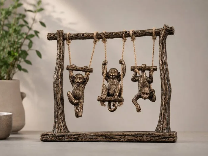 Sculpture, Speelse Apen op Schommel – Bronskleurige Sculptuur – Statement Piece – Decoratief Kunstobject - 20 cm - Resin