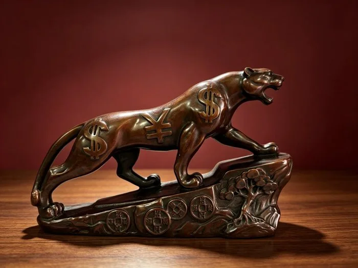 Unknown - Figurine - Bronze Panther with Currency Symbols - Patinated bronze
