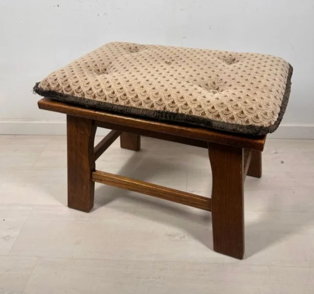 Stool - Solid Oak Upholstered Stool with Original Fixed Cushion - Wood, Textile