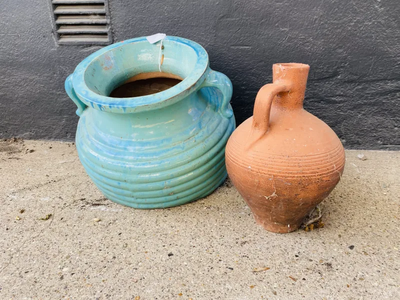 Two items to include an attractive large blue glaze amphora style garden pot (48cms wide x 46cms deep x 48cms high)