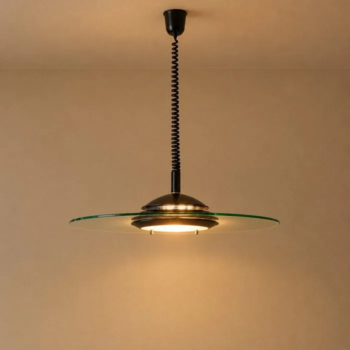Disc lamp Vintage mid-century UFO pendant lamp – round glass disc - Aluminium, Glass